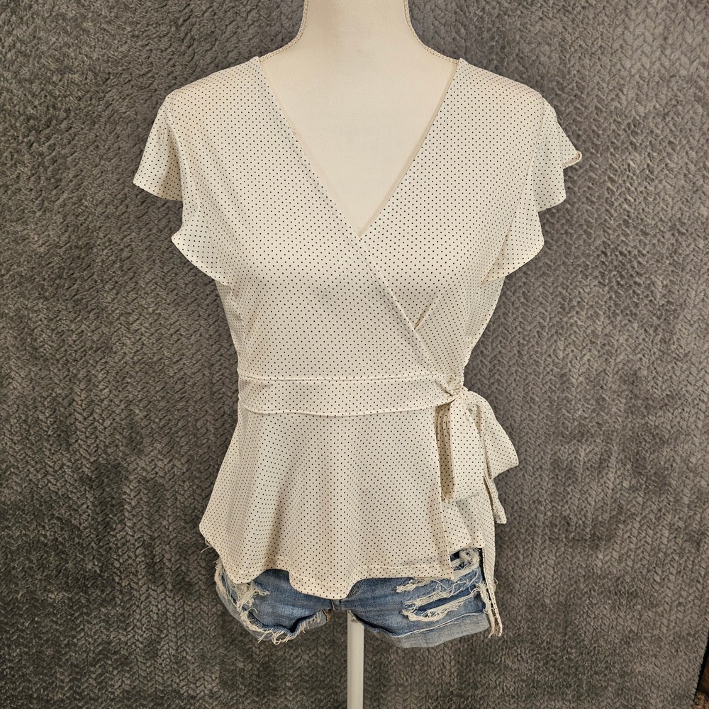 Banana Republic Polka Dot Wrap Top Medium Cream Blk Flutter Sleeve Peplum V-Neck